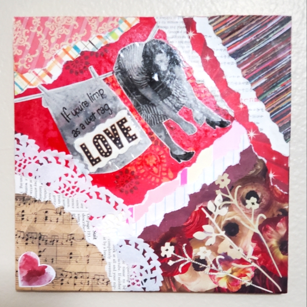 😀 HAND CRAFTED 8x8 on wood canvas Love collage art mixed media